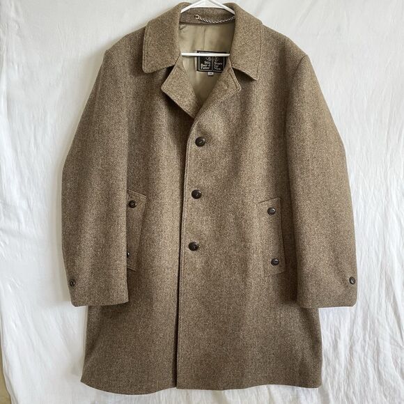 Stix Baer Fuller MENS SZ 44 VINTAGE HERRINGBONE POCKETS BUTTON UP WOOL COAT EUC